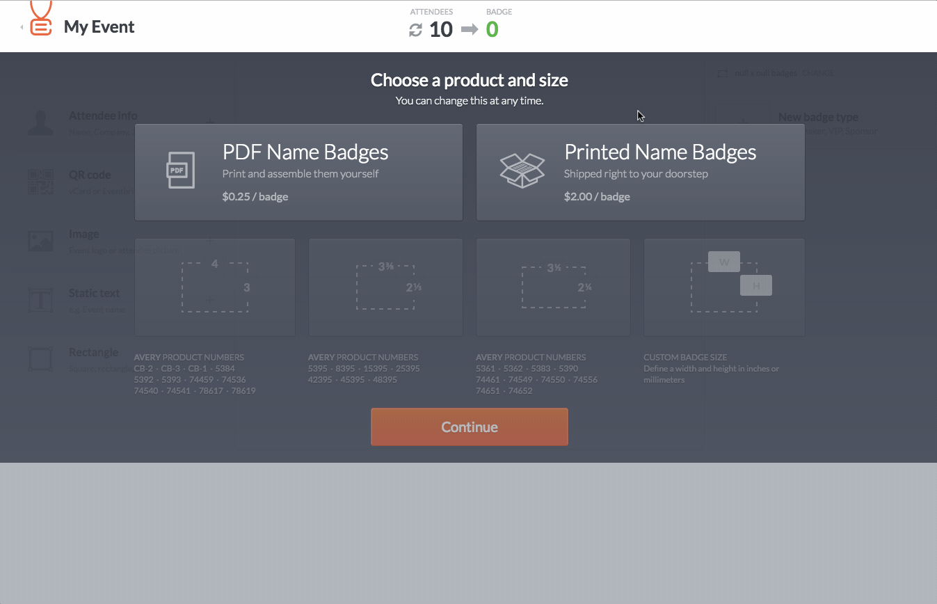 Product and size options