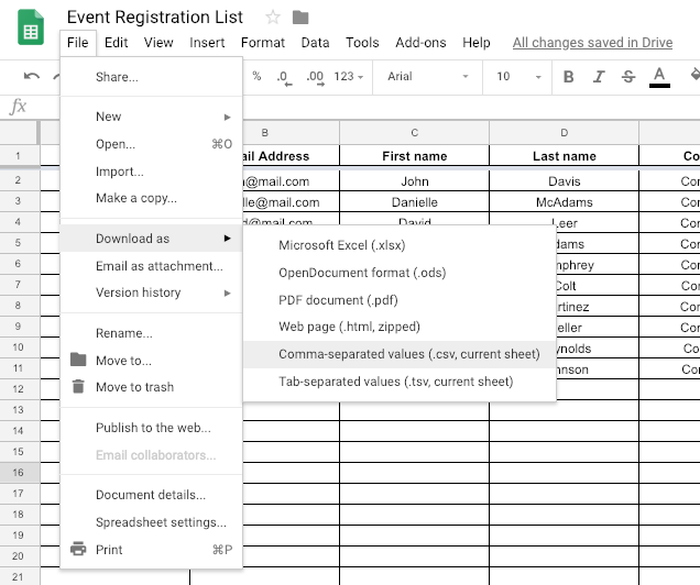 Export spreadsheet screenshot