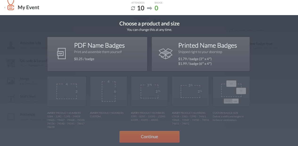 Product and size selector screenshot