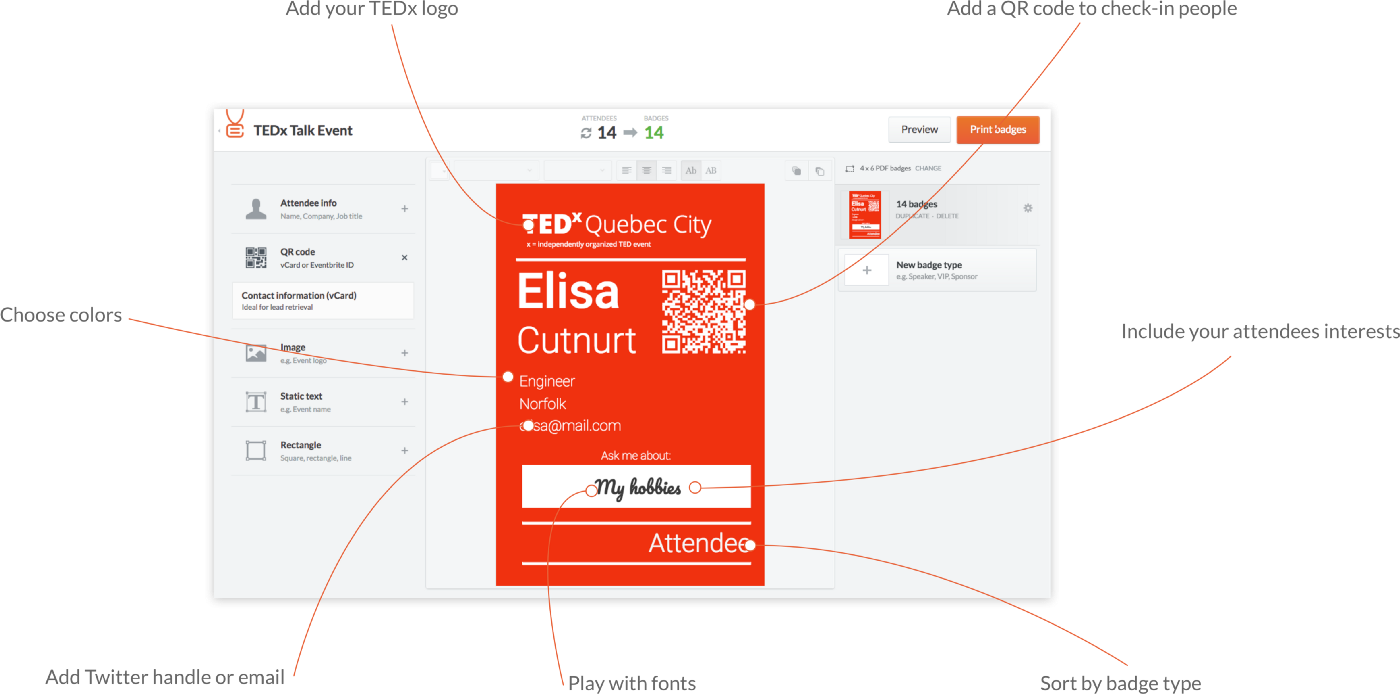 Conference Badge name badge editor with TEDx design