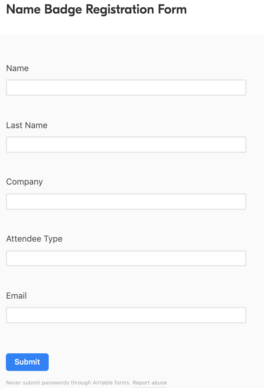 Registration form screenshot