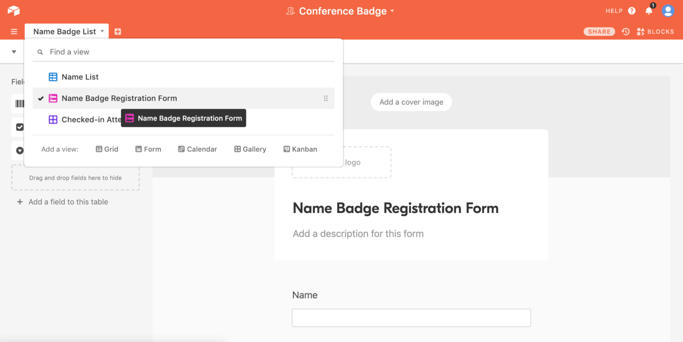 Select Name Badge registration form in Airable